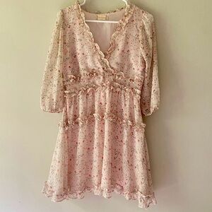 Altar'd State Women's Size SM Pink Floral V-Neck Tiered Mini Dress Sheer Sleeve